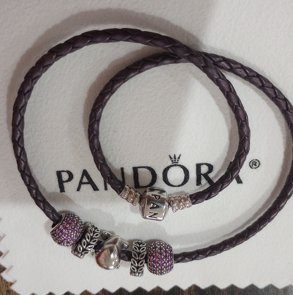 Pandora Purple Braided Bracelet with Five Authentic Pandora Charms